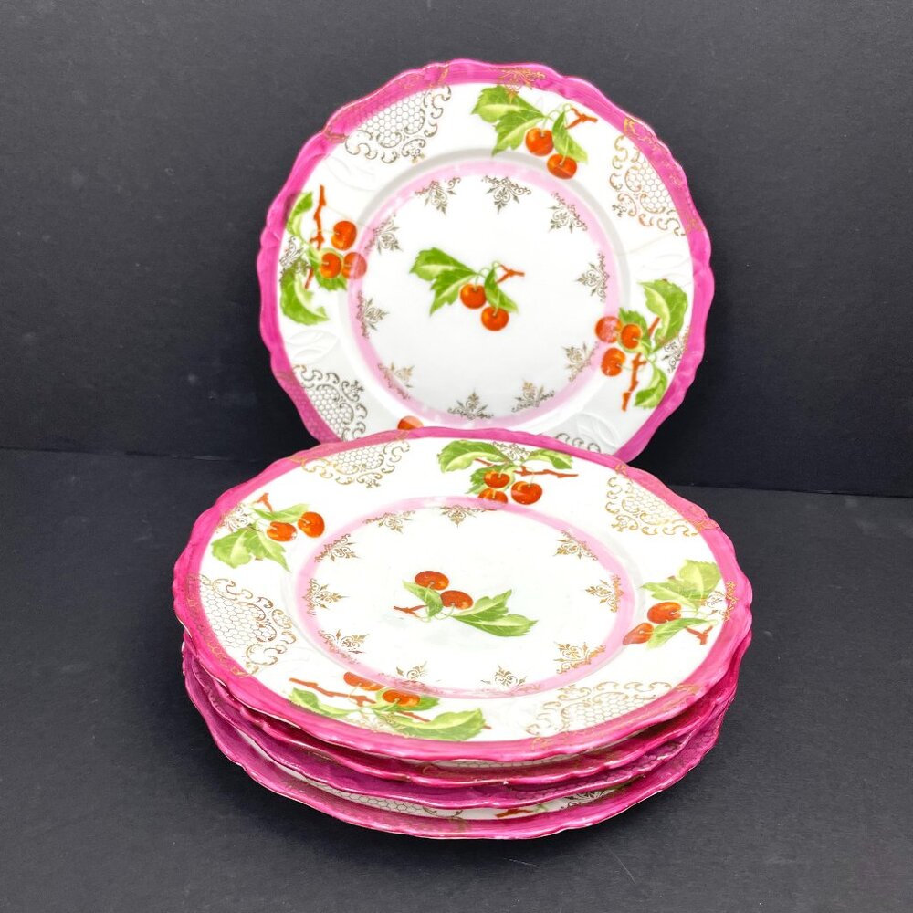 Set of 5 Vintage RS Prussia Dessert Saucers Cherry Design (4 Good + 1 Damaged)